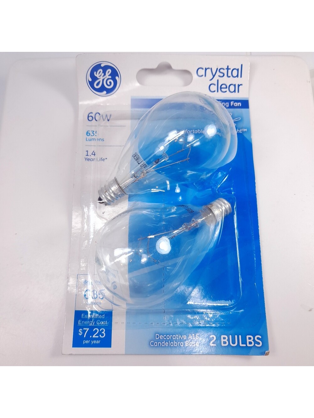NEW GE Crystal Clear 60w Decorative A15 Candelabra base Ceiling fan 2 Bulbs